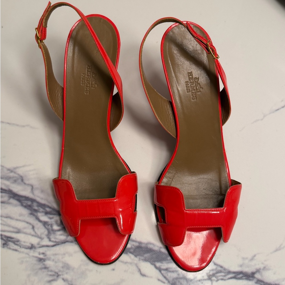 SOLD Authentic Hermès Oran Slingback Sandals heels Red Patent Leather –size 40